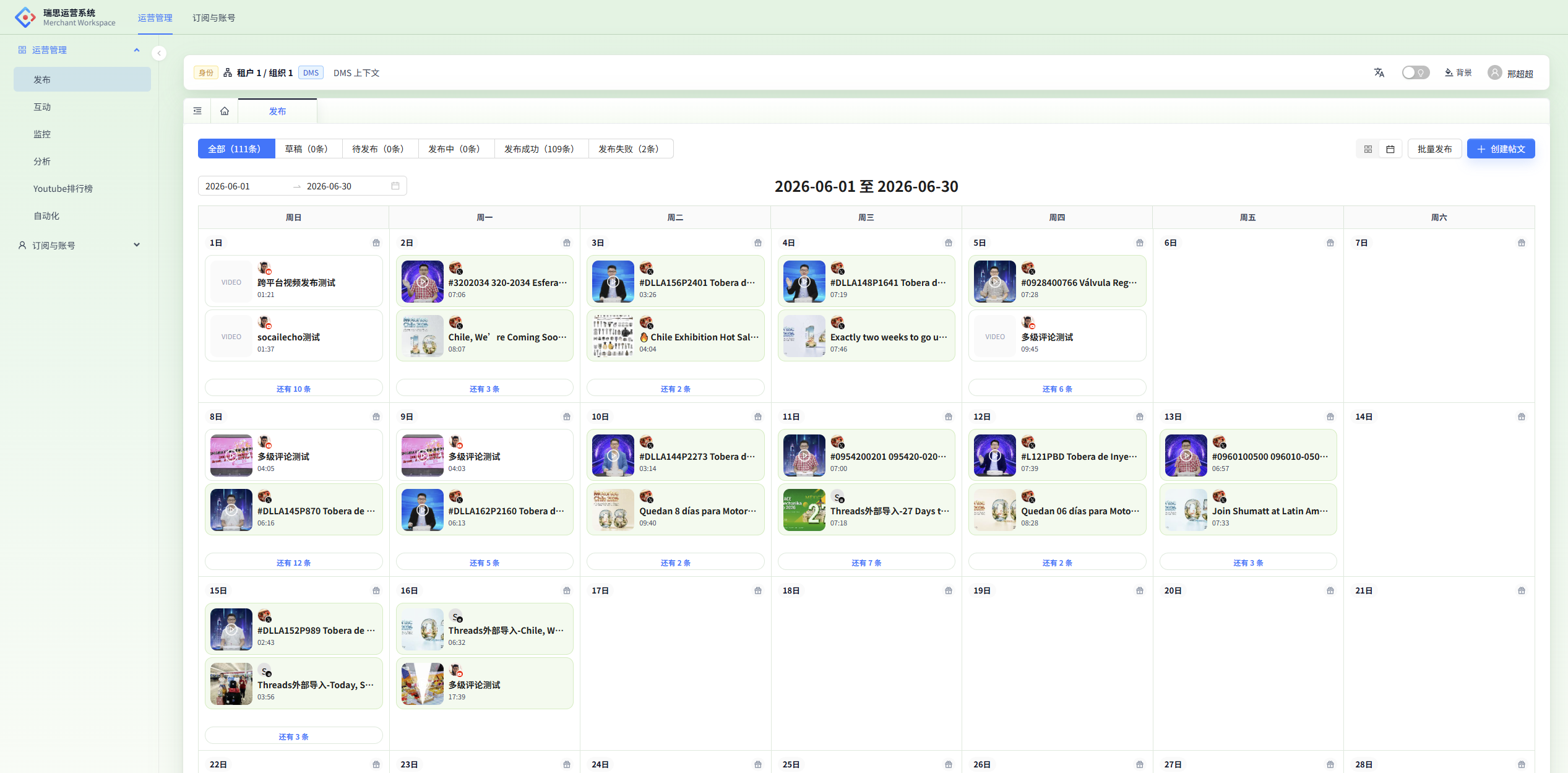 DMS publishing calendar dashboard